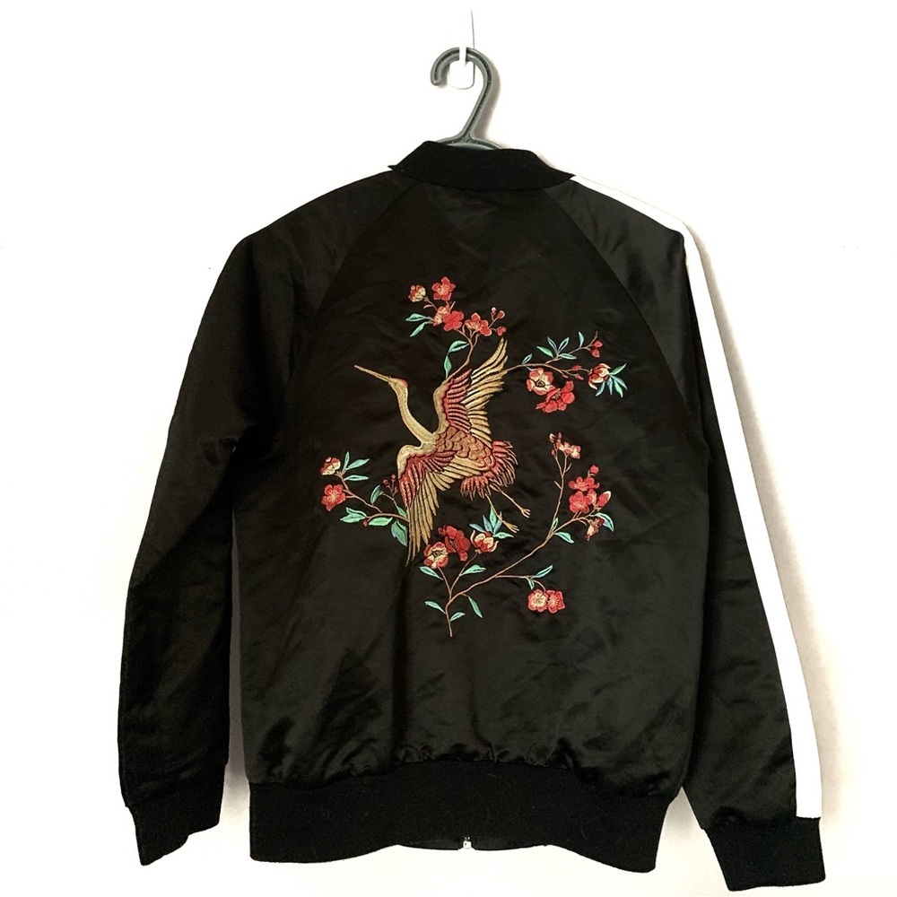 Black and White Forever 21 Ladies Small Bomber Jacket Embroidered Back
